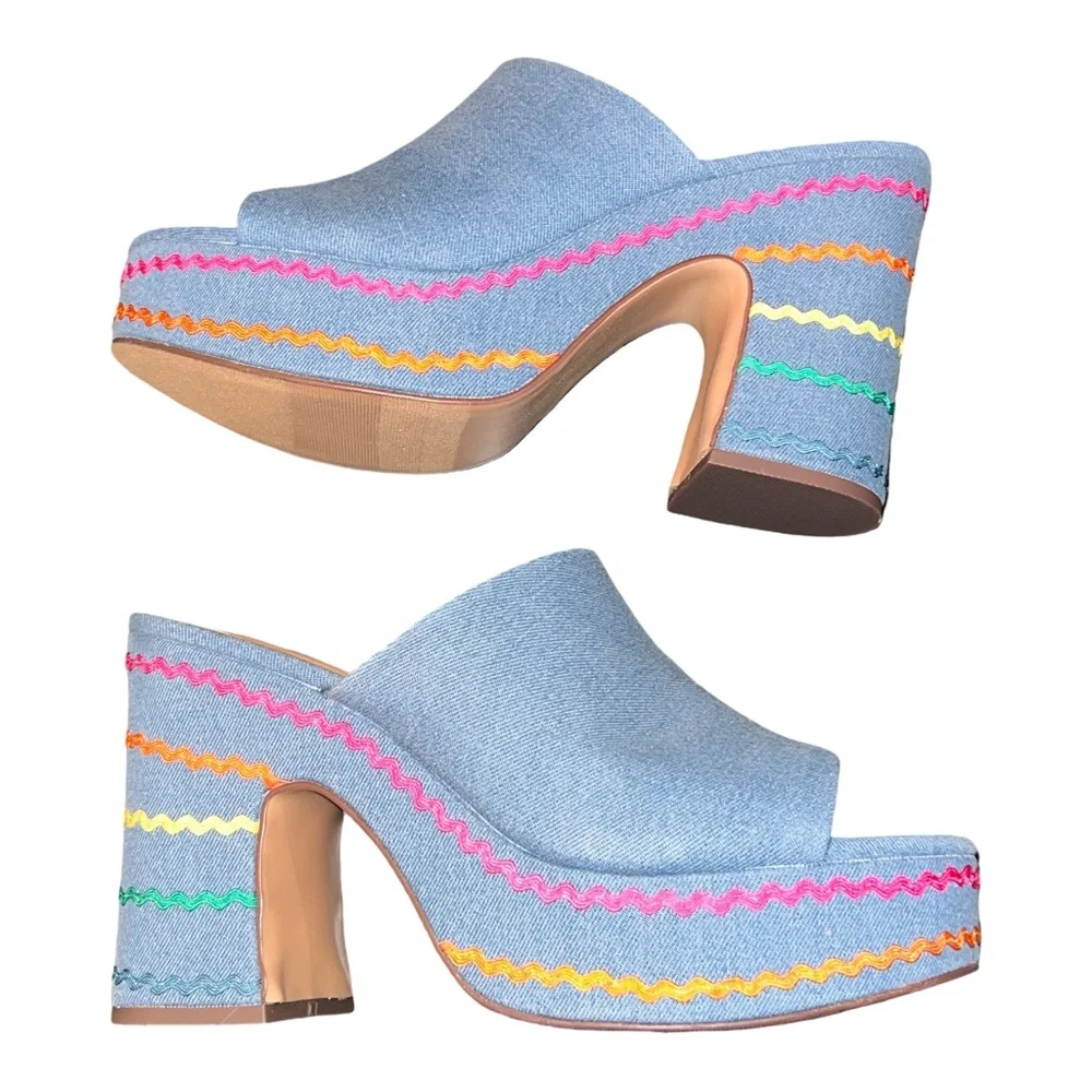 Wild Pair Rosaly Platform Wedge Sandals Blue Denim Multi Size 10 New